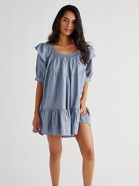 Free people Amelie Light Blue Smocked Yoke Babydoll mini Dress coquette cottage